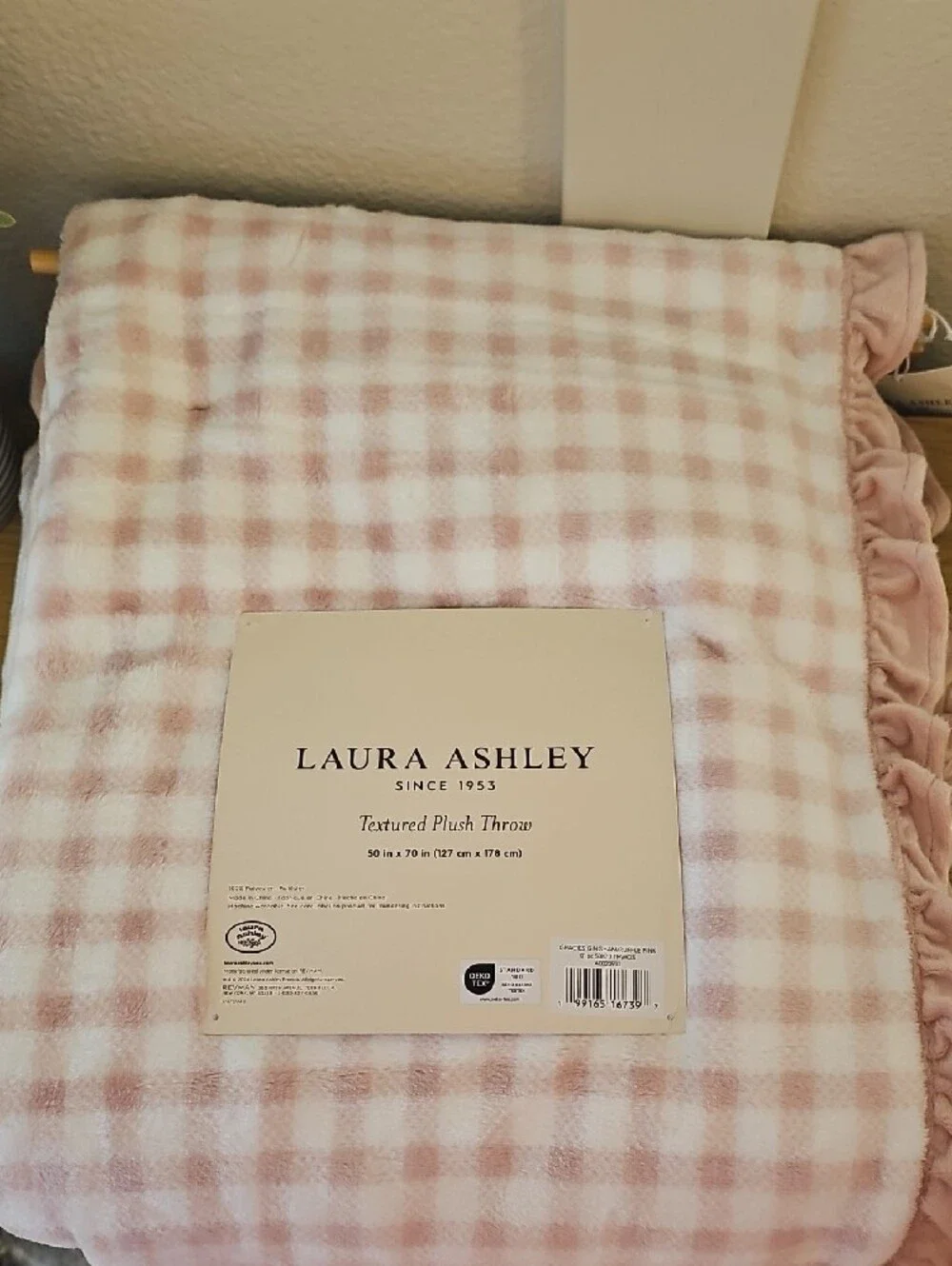 Laura Ashley Pink Gingham Ruffle Plush Throw Blanket NWT Coquette Cottagecore
